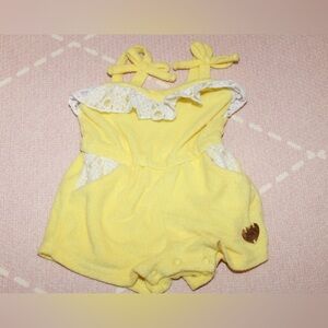 Juicy Couture One Piece Yellow Romper White Lace Trim Baby Girl Terry Cloth
